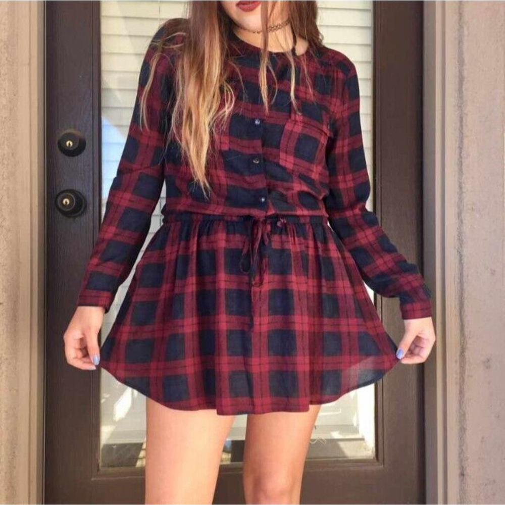 Forever 21 Burgundy & Navy Plaid Dress Size Medium
